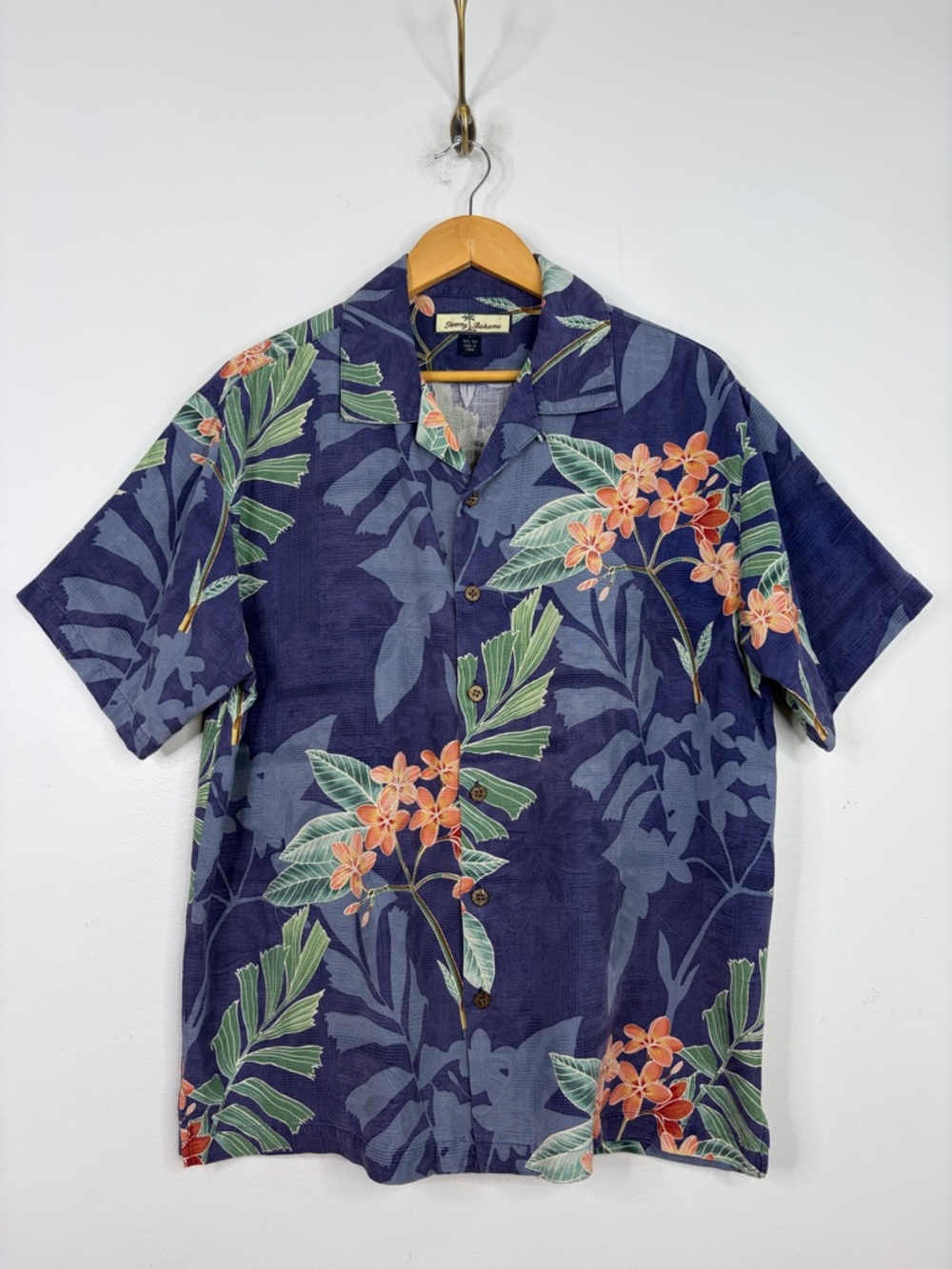 Tommy Bahama Shirt Mens Large Blue Peach Silk Floral Palm Hawaiian Short Sleeve